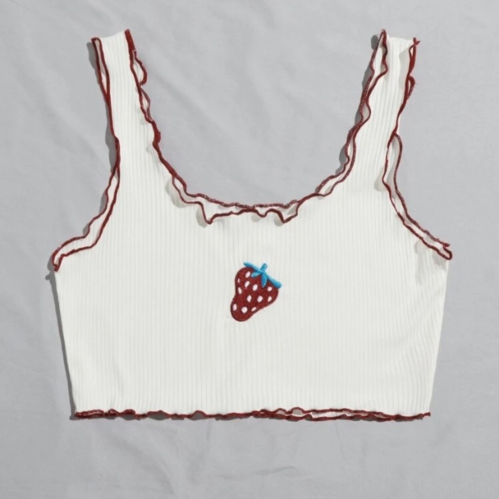 80's Style Country Rib knit Strawberry 🍓 Embroidery Lettuce Trim Crop Tank Top